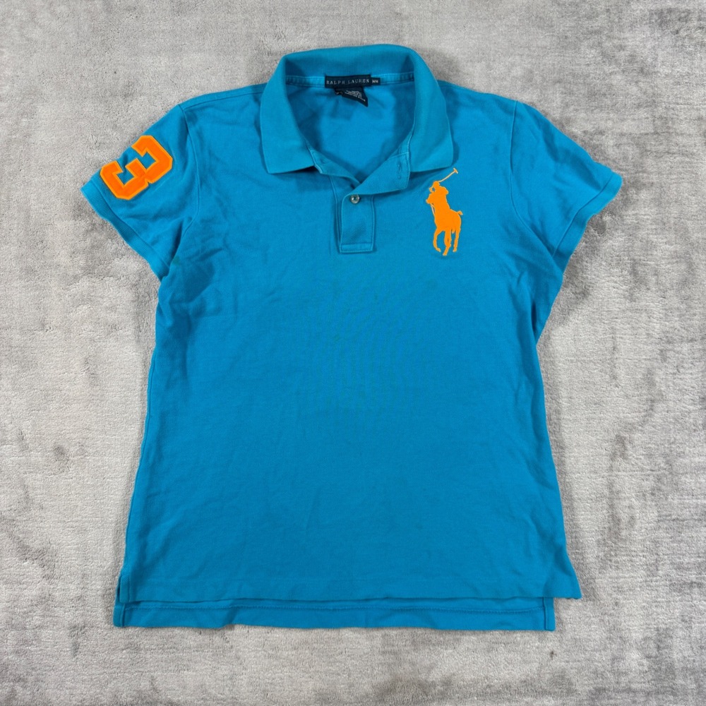 Ralph Lauren Polo Shirt Womens Medium Blue Big Pony 3 Short Sleeve Top Preppy